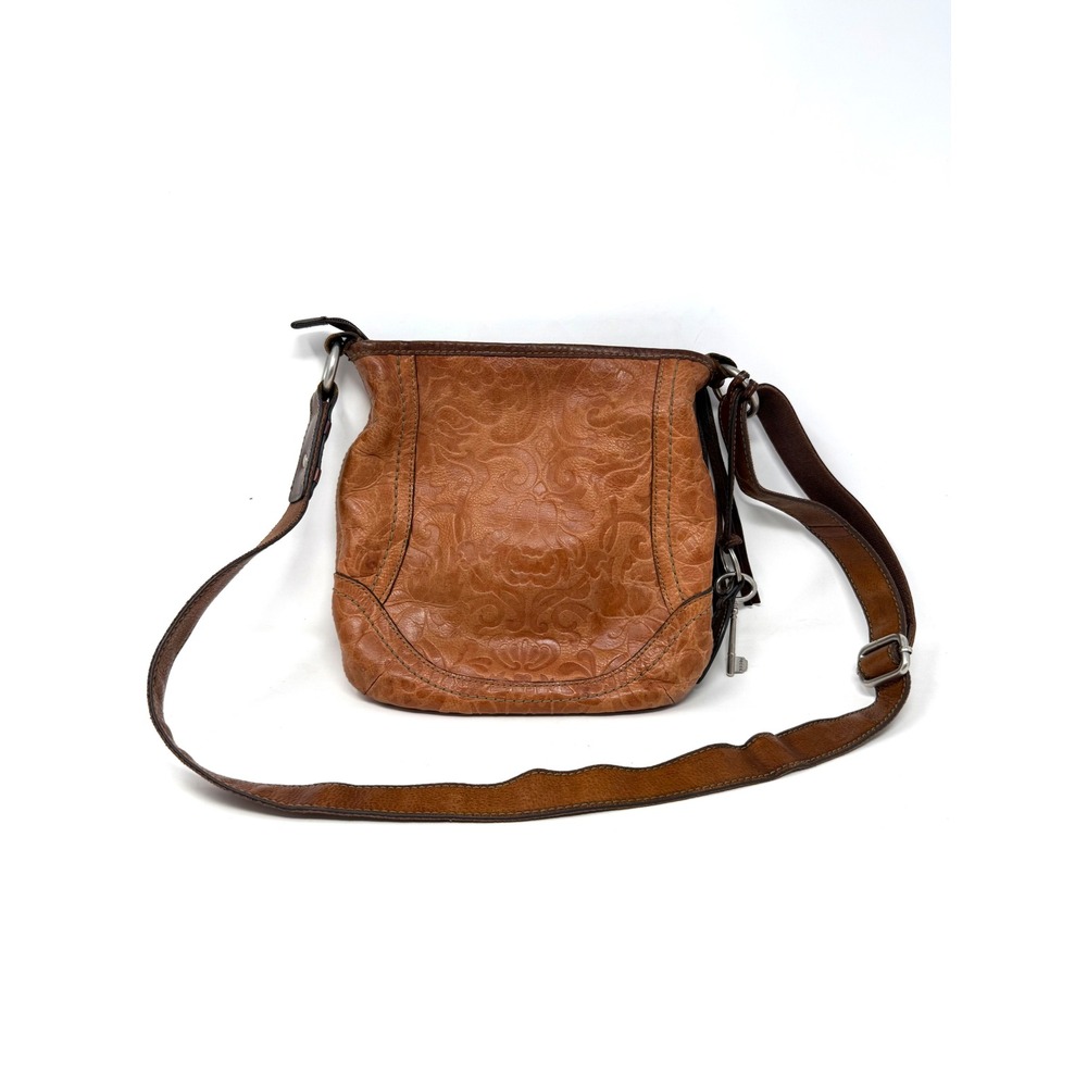 Fossil Cognac Brown Embossed Floral Leather Crossbody Bag Vintage Style Tassel